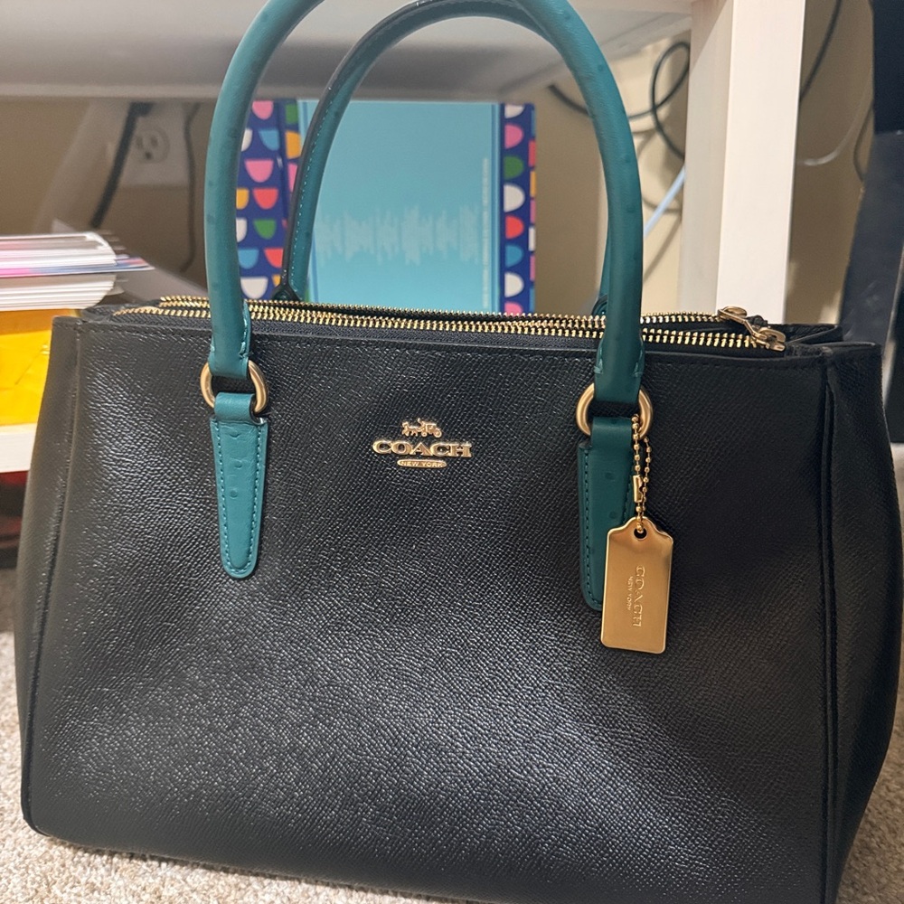 Coach Black Satchel with Teal Handles and Gold Hardware